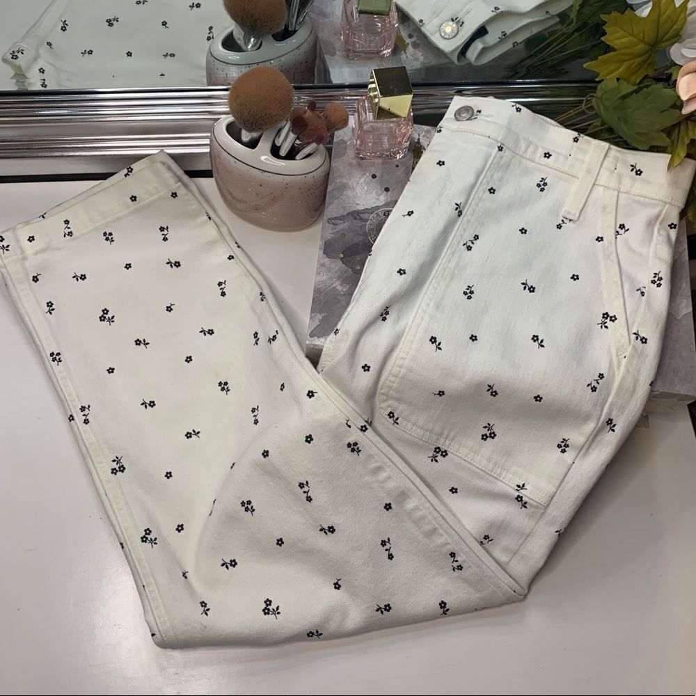 J. Crew White and Black Dainty Floral Straight Leg Crop Jeans